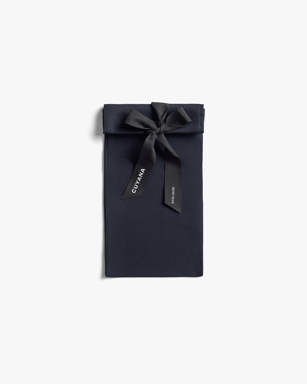 Rectangular fabric pouch with ribbon tied at the top.