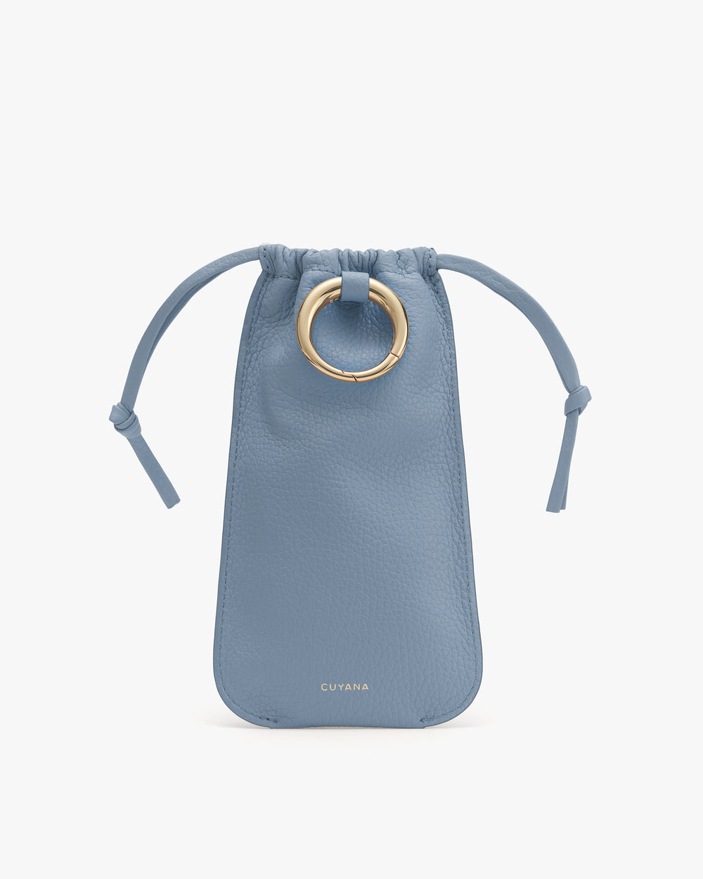 Small pouch with drawstrings and metal ring detail.