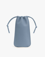 Drawstring pouch with knotted cord closure on both sides.