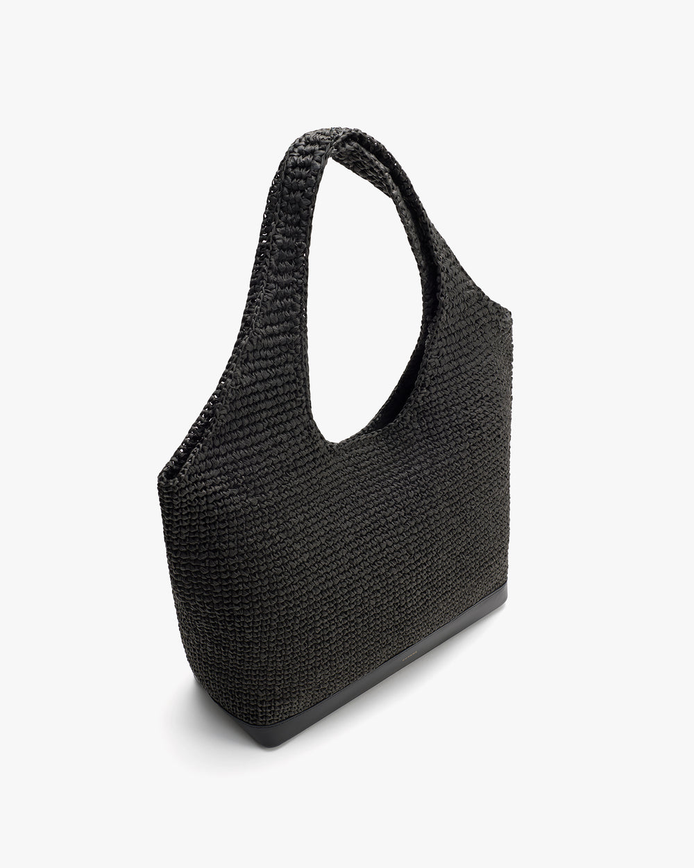 Woven handbag with a single handle and open top.