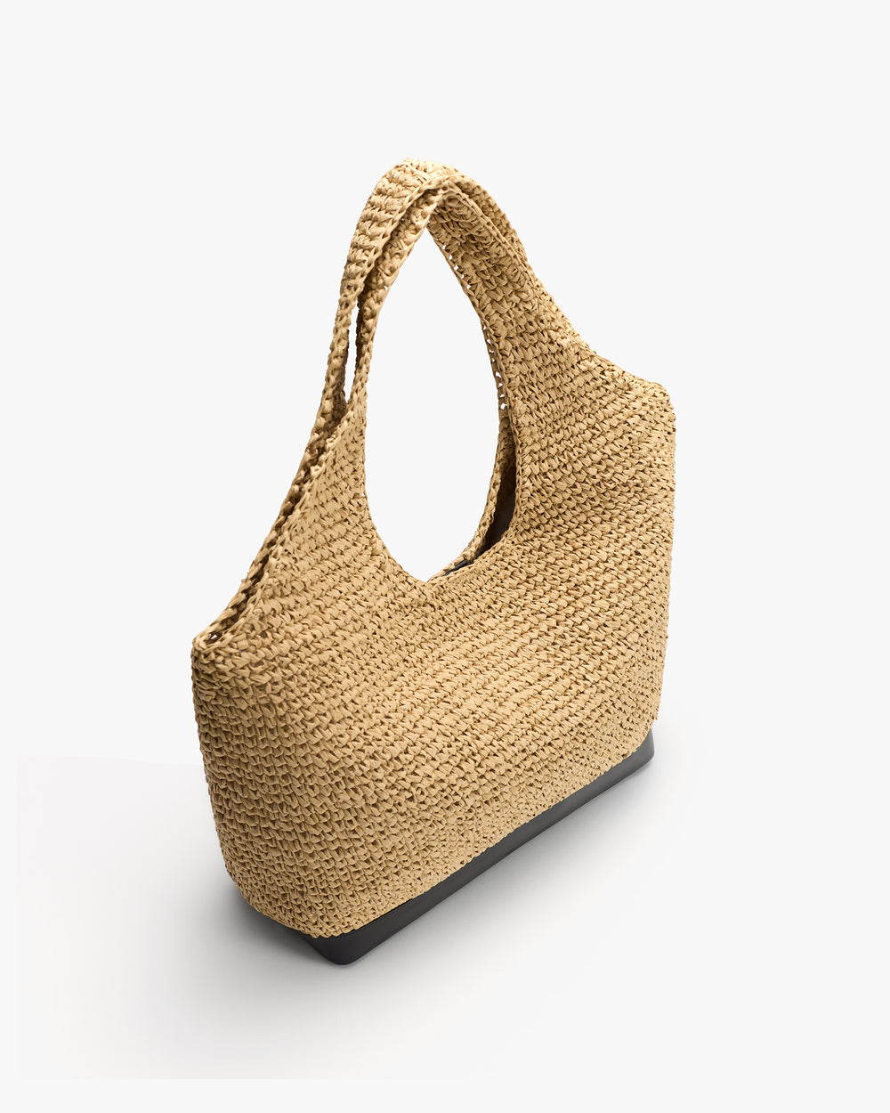 Woven tote bag with wide handles viewed from a side angle.