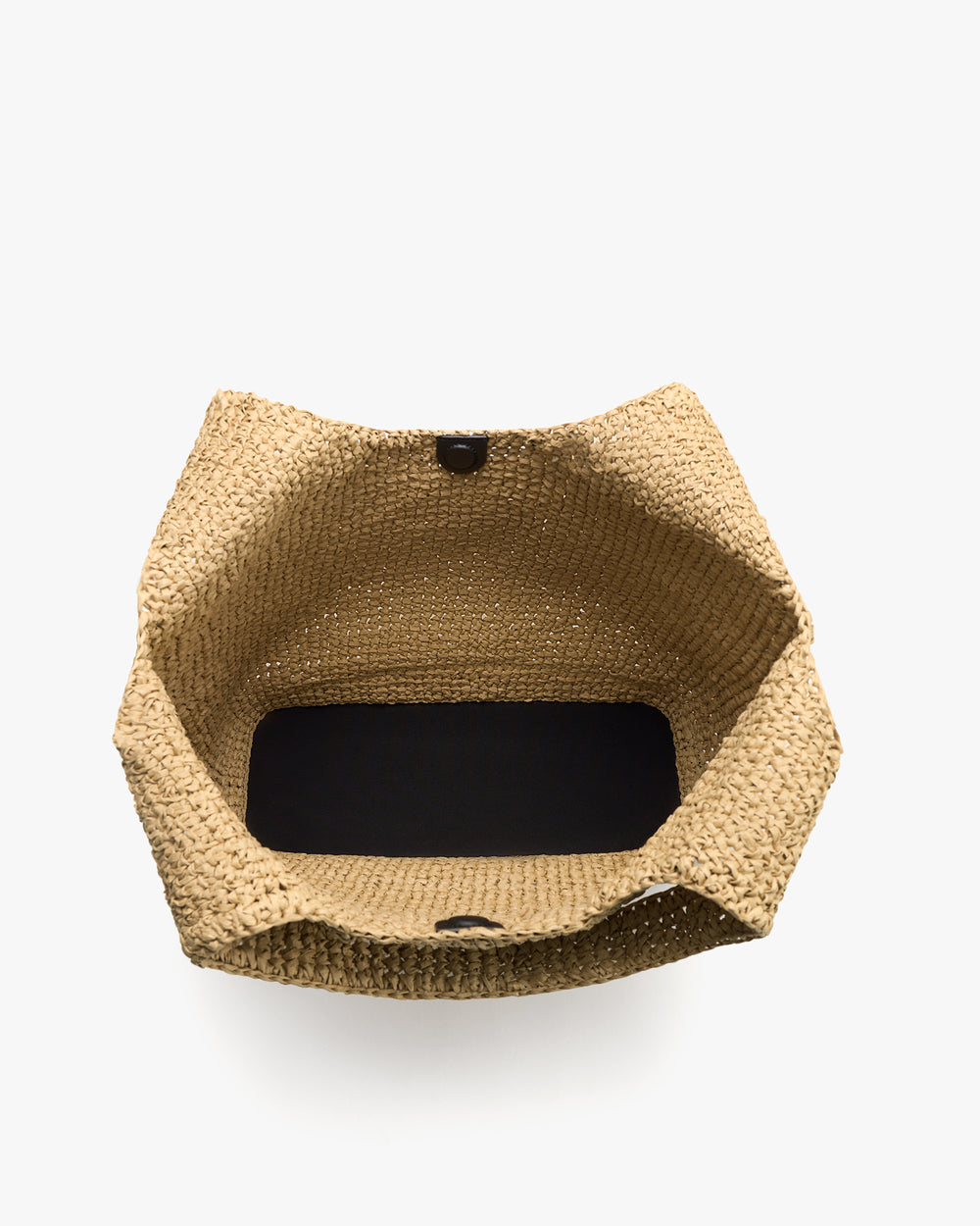 Open woven tote bag with a black interior on display.