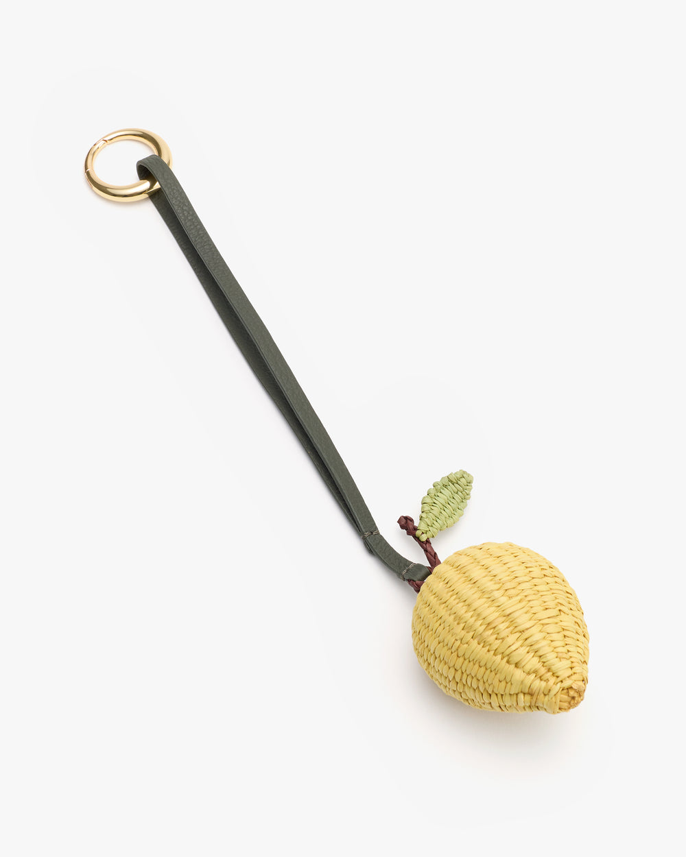Keychain with a wicker lemon and a strap attached to a metal ring.
