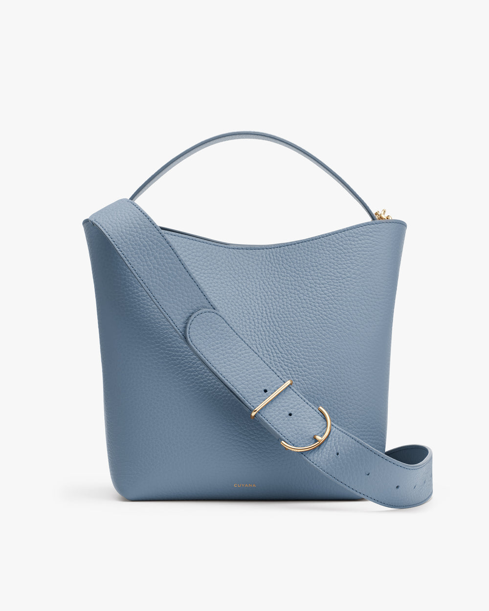 Bucket bag with wide strap and gold buckle detailing.