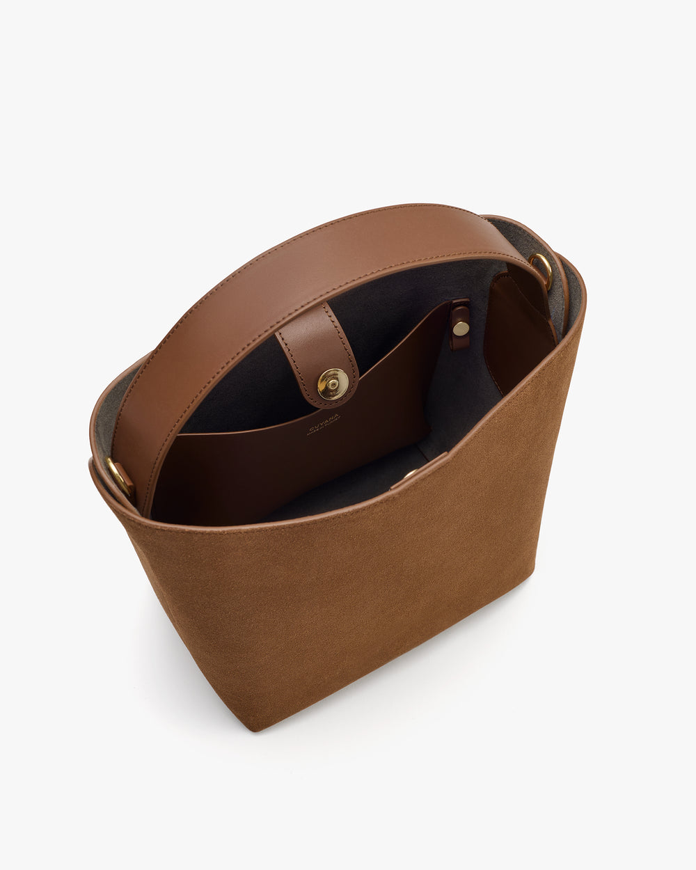 Open tote bag with a handle and a buttoned inner pocket.