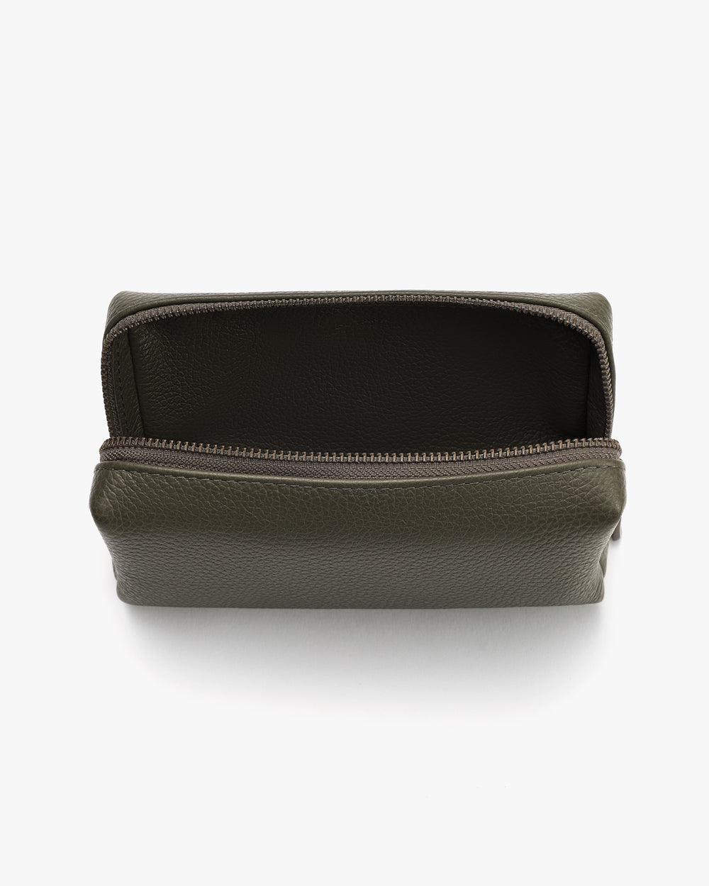 Open zippered pouch with textured surface.