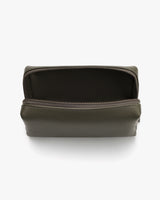 Open zippered pouch with textured surface.