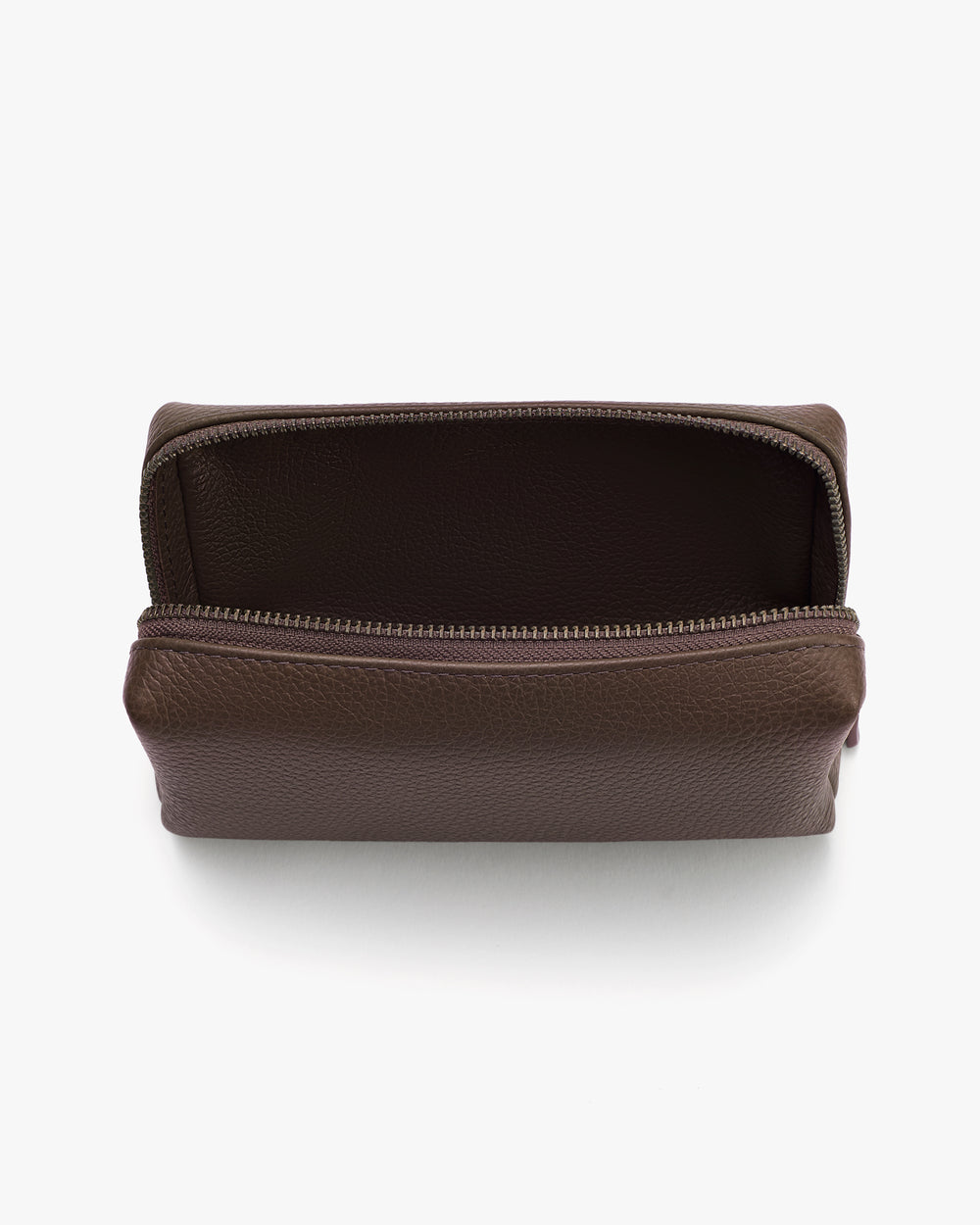 Open toiletry bag with zipper, showing interior.