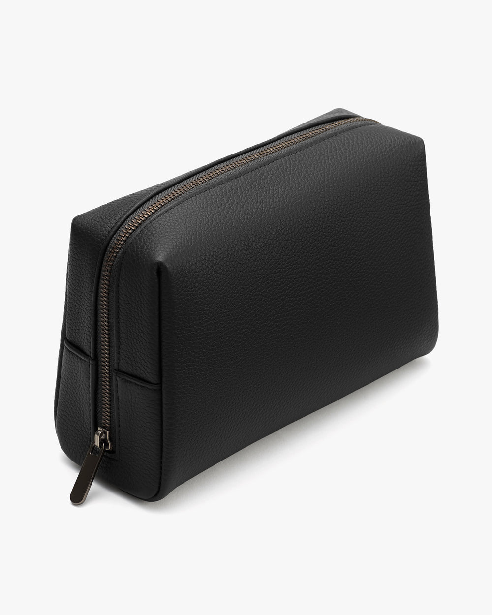 Rectangular toiletry bag with a zipper on the top.