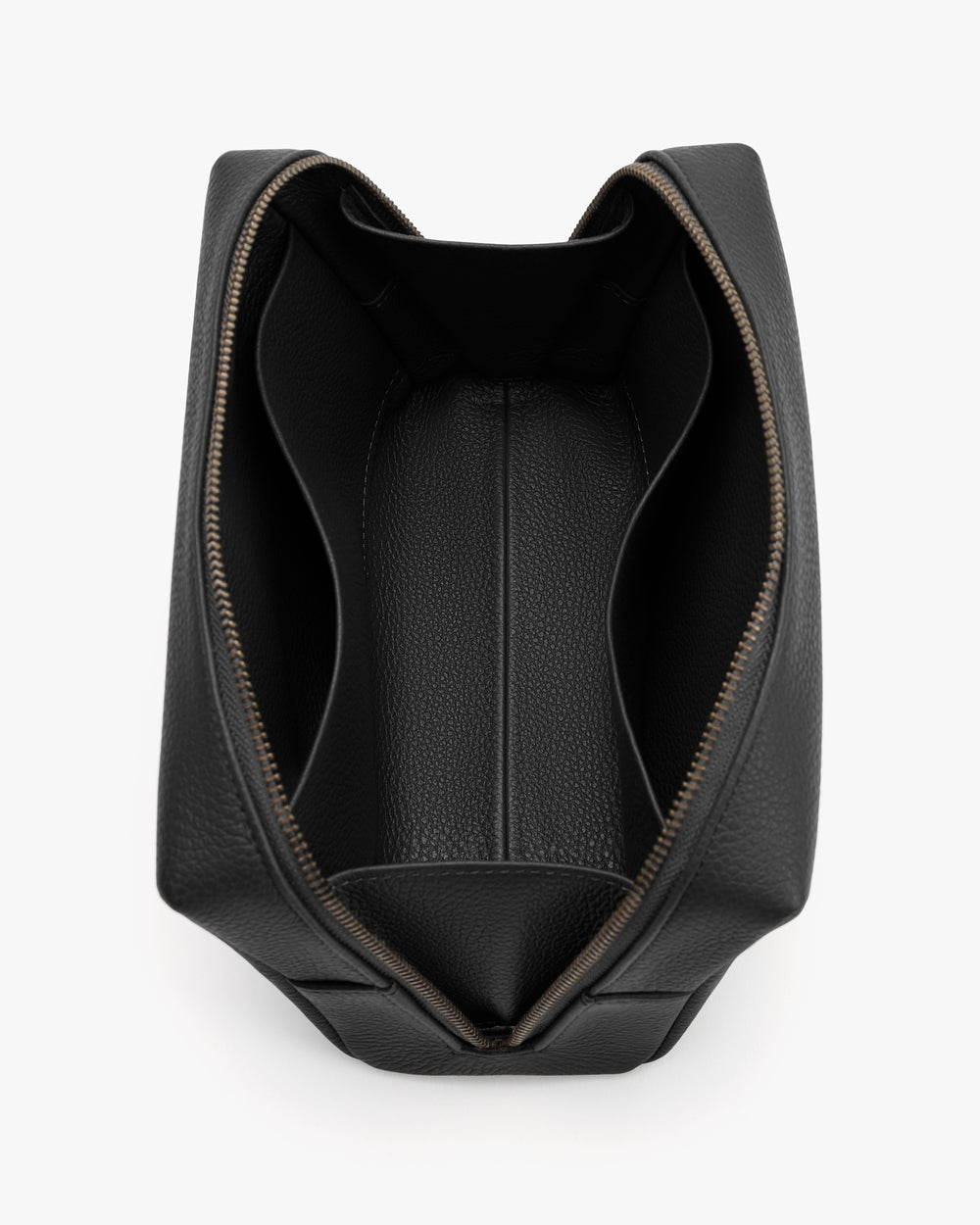 Open travel bag with zippered top facing up.
