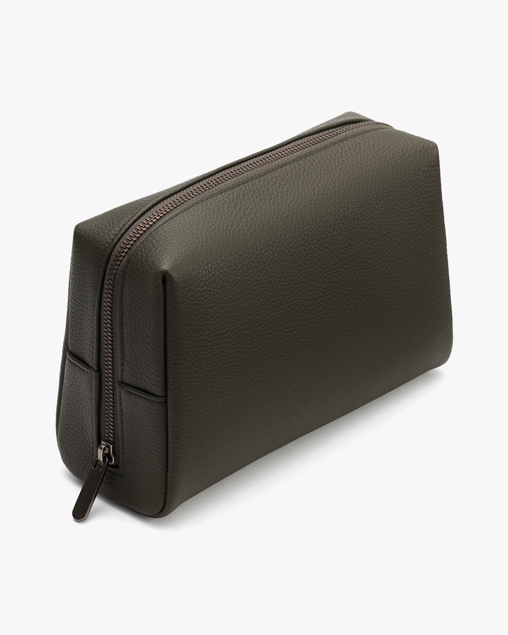 Rectangular toiletry bag with a zipper on the top.