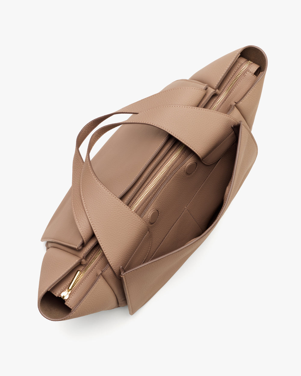 Top view of an open tote bag with wide straps and zipper.