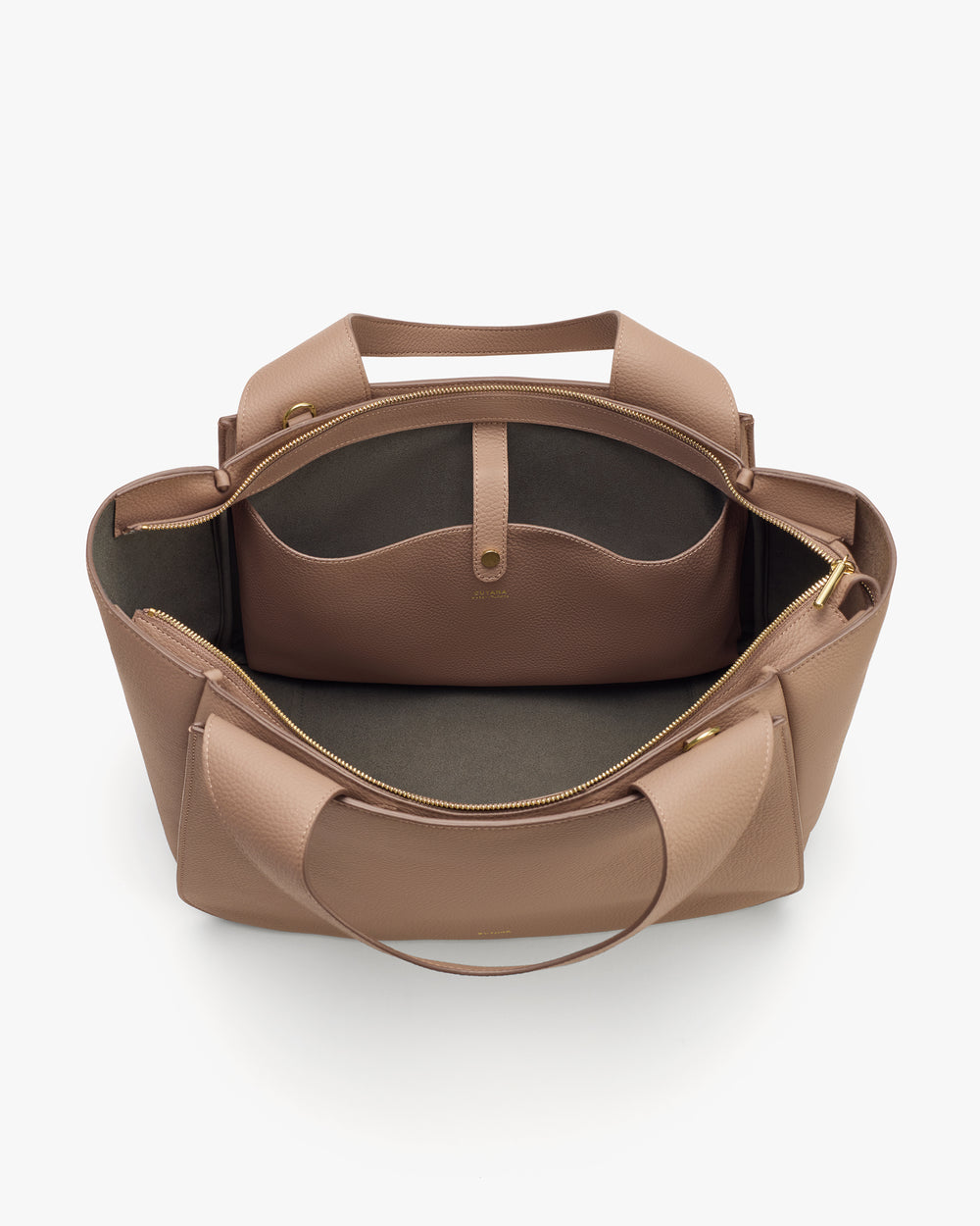 Open travel bag with interior pockets and a zipper.