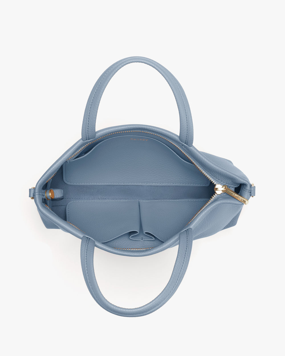 Open handbag with two handles and interior compartments visible.