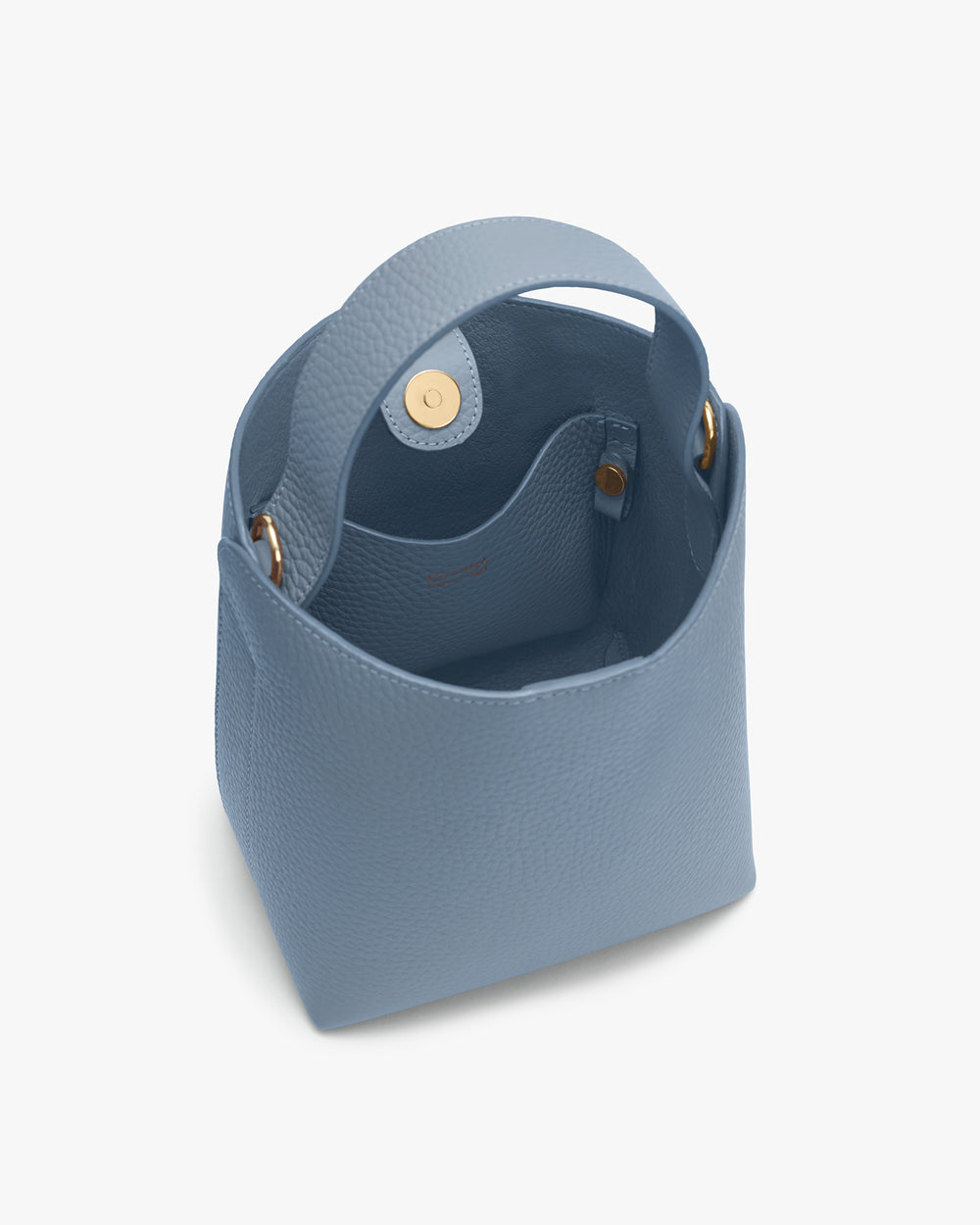 Bucket bag with open top and single handle.