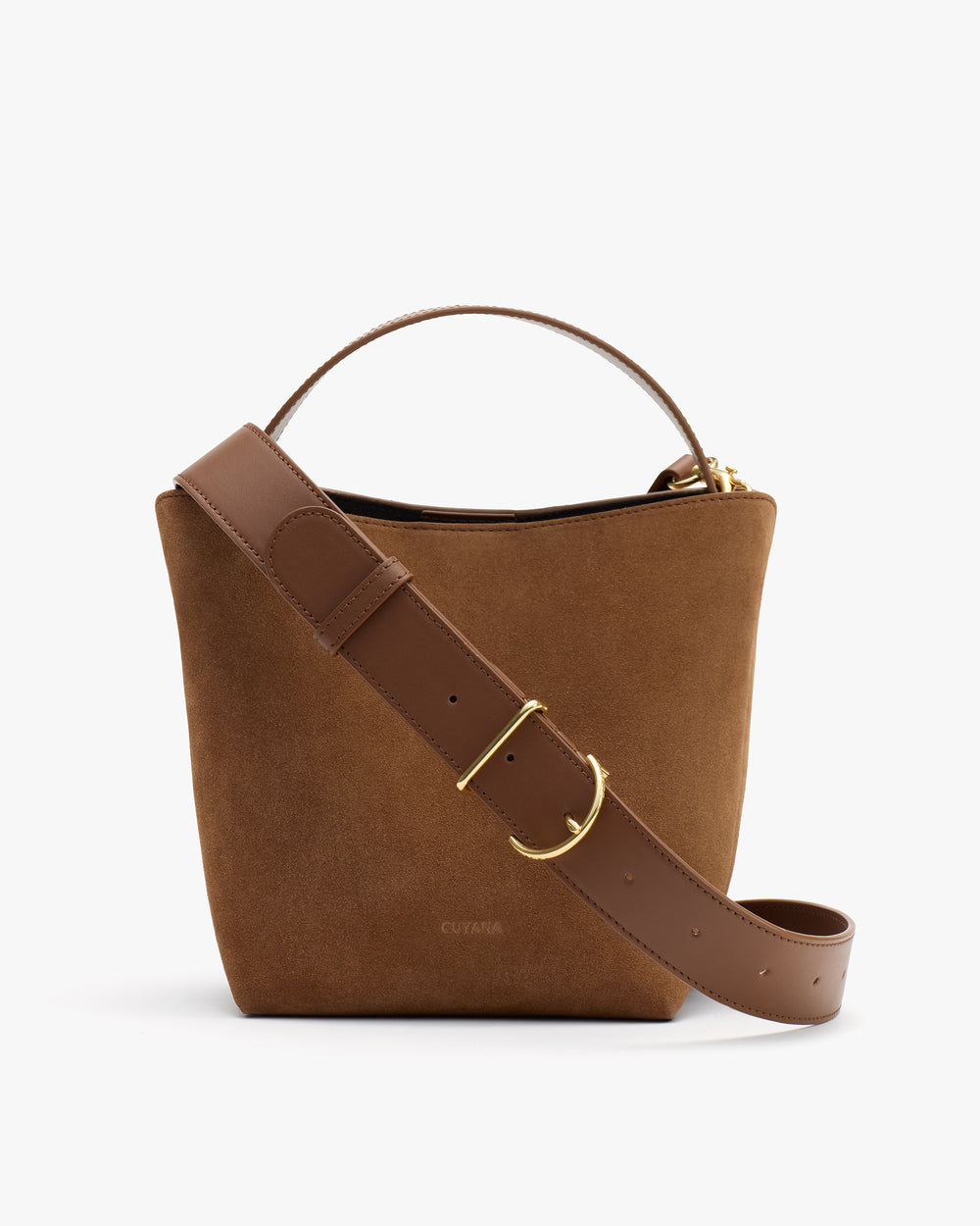A small handbag with a wide shoulder strap and short handle.