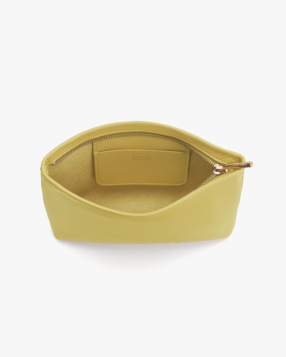 Open handbag with zippered pocket and wide opening.