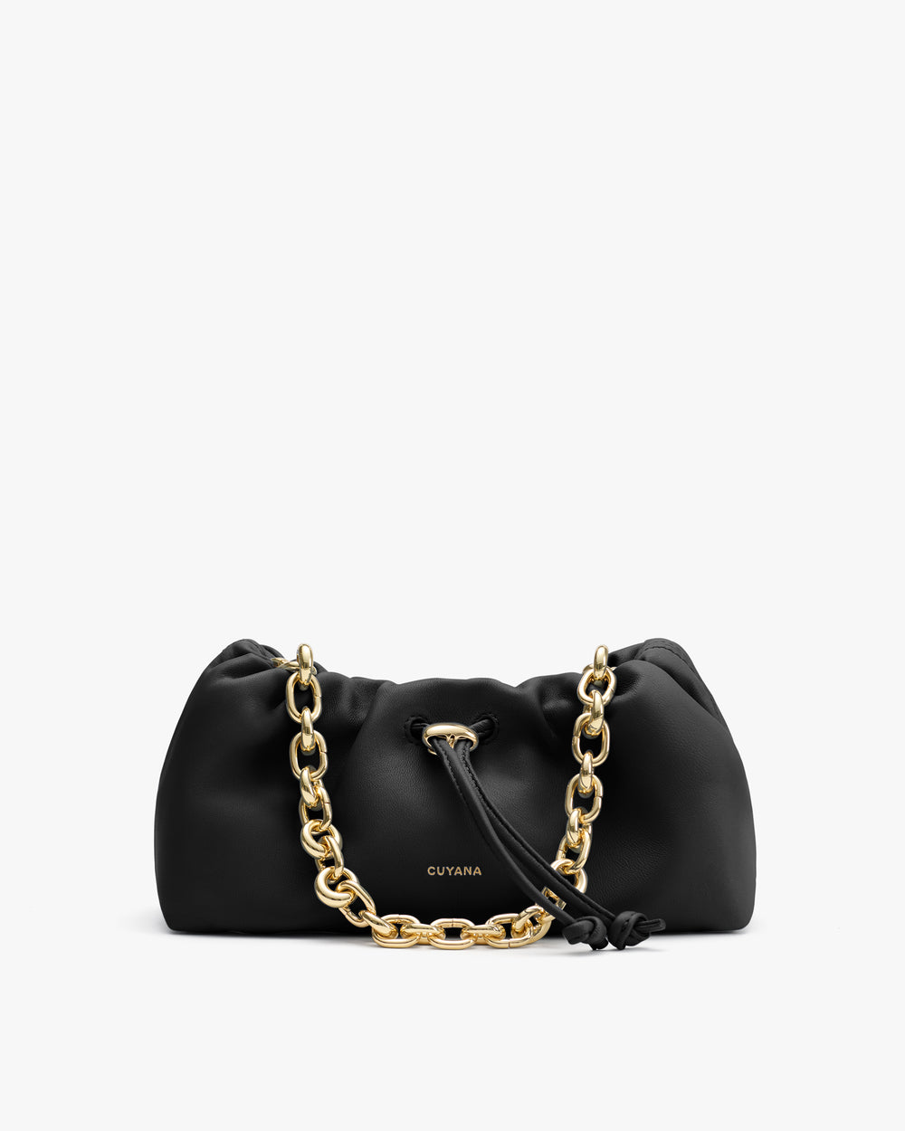 Handbag with a chain strap and drawstring closure.