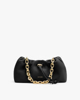 Handbag with a chain strap and drawstring closure.