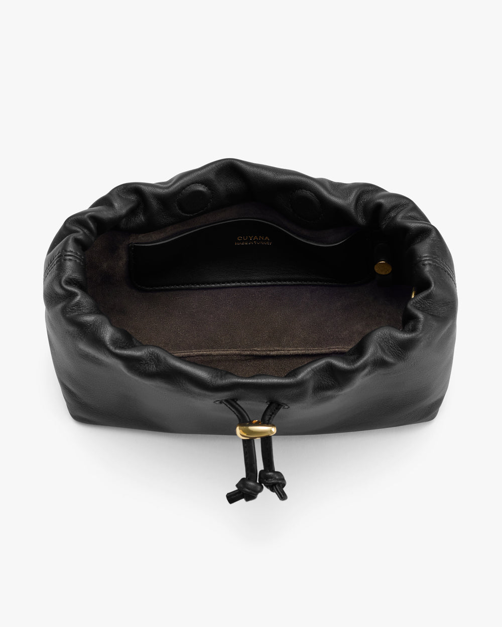Open-top view of a soft drawstring pouch with inner pocket.