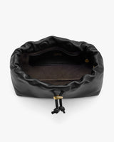 Open-top view of a soft drawstring pouch with inner pocket.