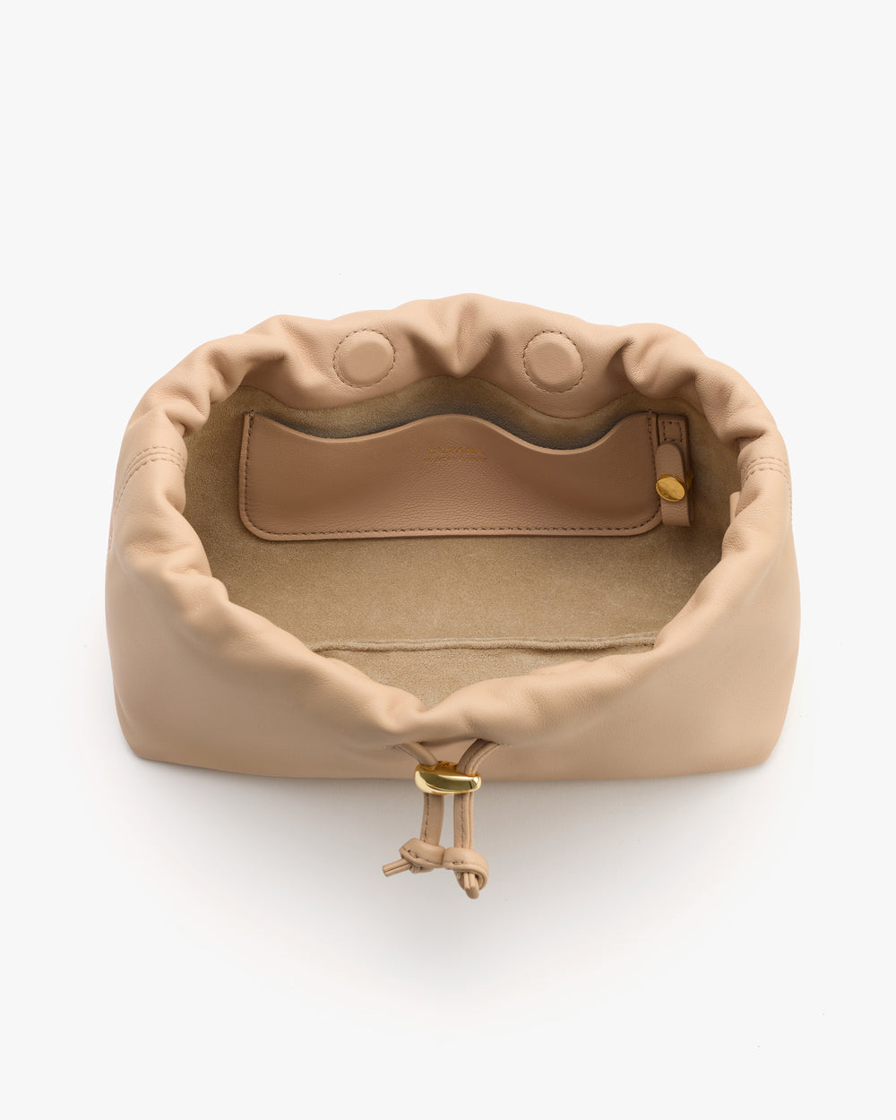 Open soft handbag with drawstring and interior compartment