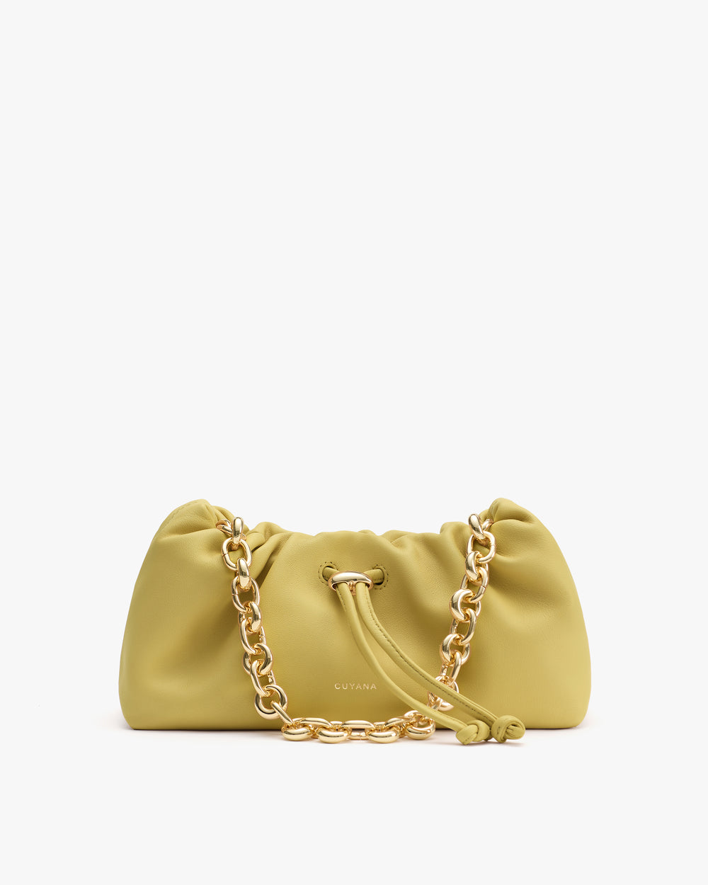 Handbag with chain strap and drawstring closure.