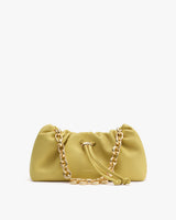 Handbag with chain strap and drawstring closure.