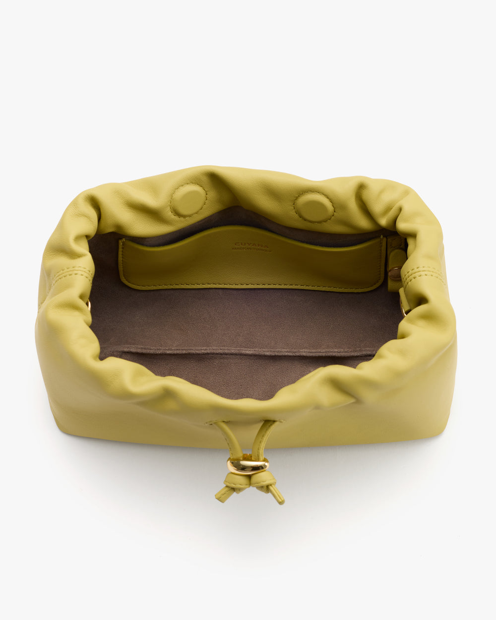 Soft drawstring pouch with open top and inner pocket view.
