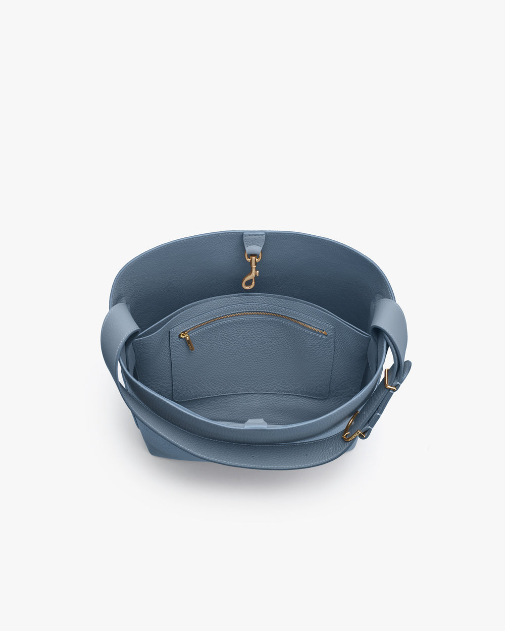 Open handbag with inside zipper pocket and shoulder strap.