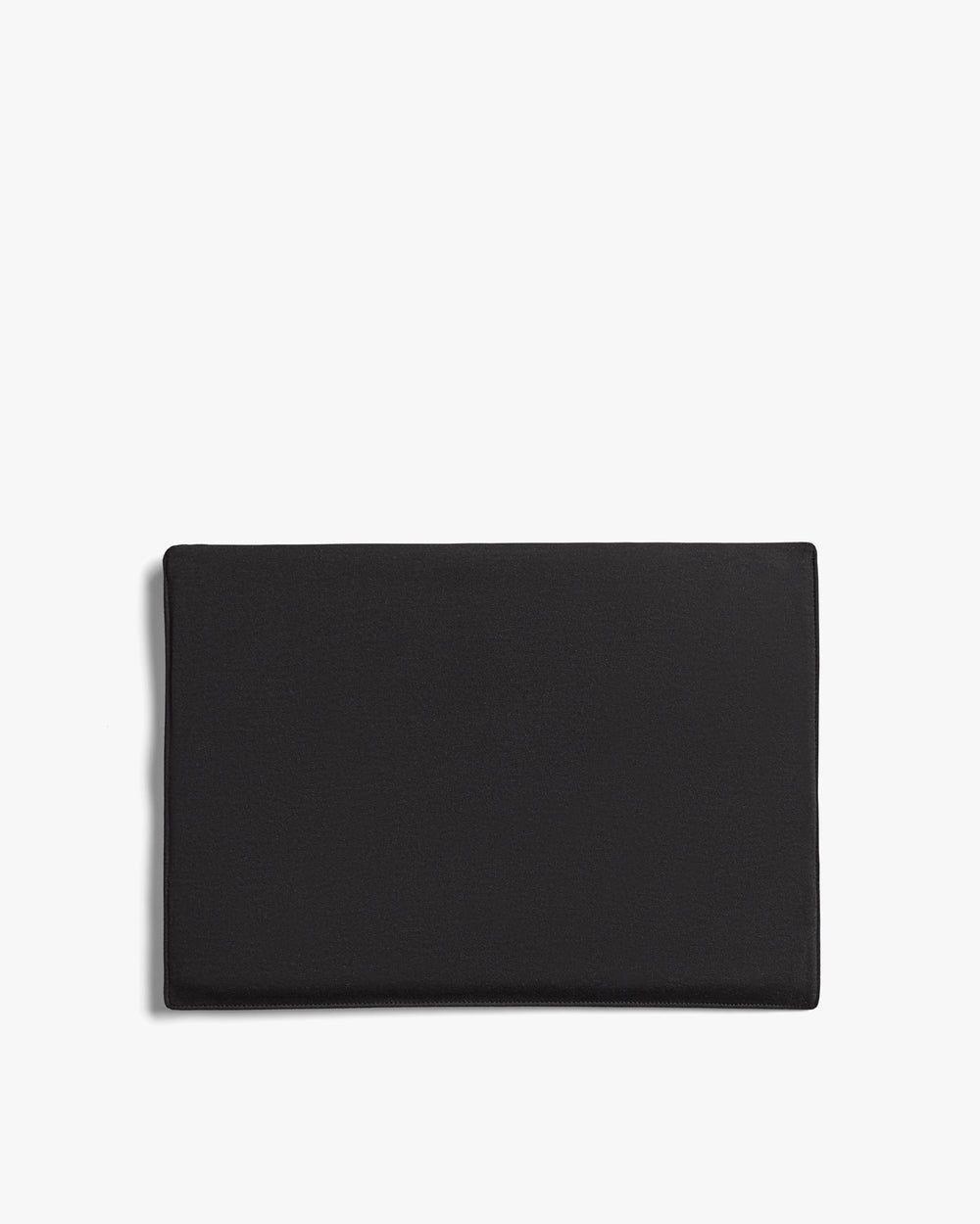 Rectangular black clutch bag on white background.