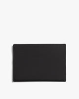 Rectangular black clutch bag on white background.