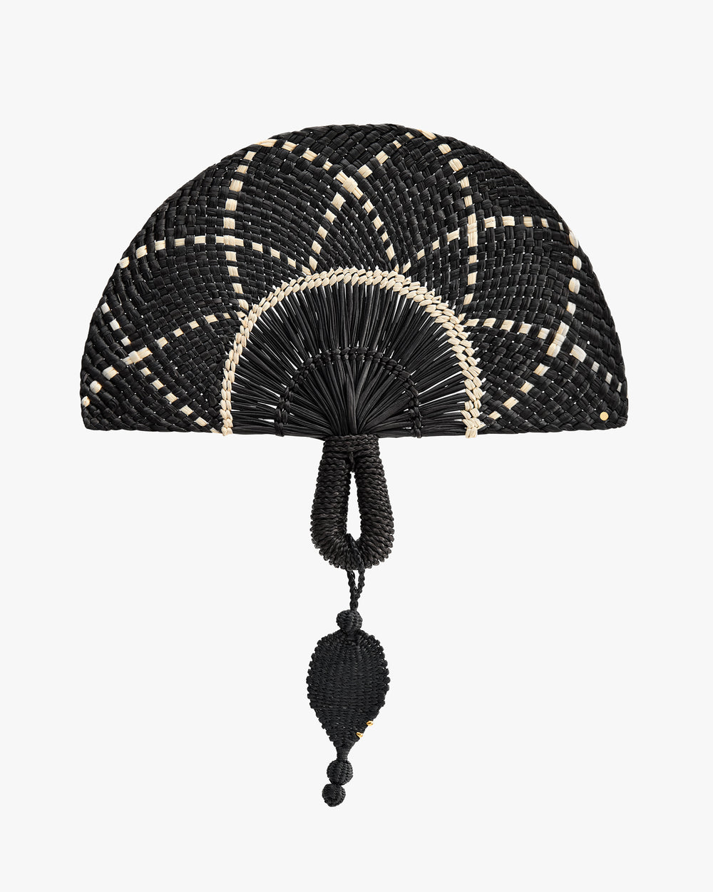 Woven handheld fan with intricate pattern and looped handle design.
