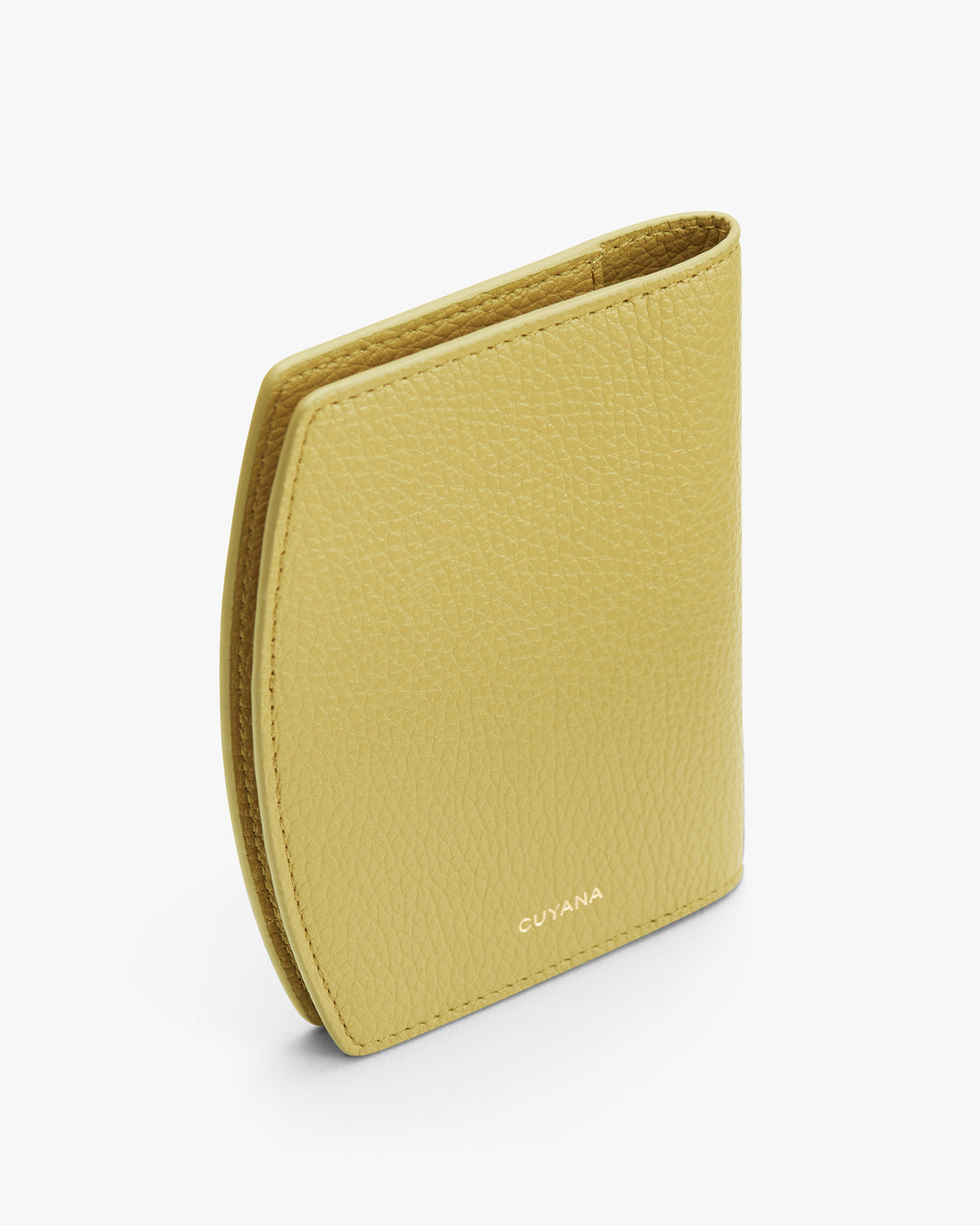 Folded wallet standing upright against a plain background.