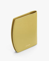 Folded wallet standing upright against a plain background.