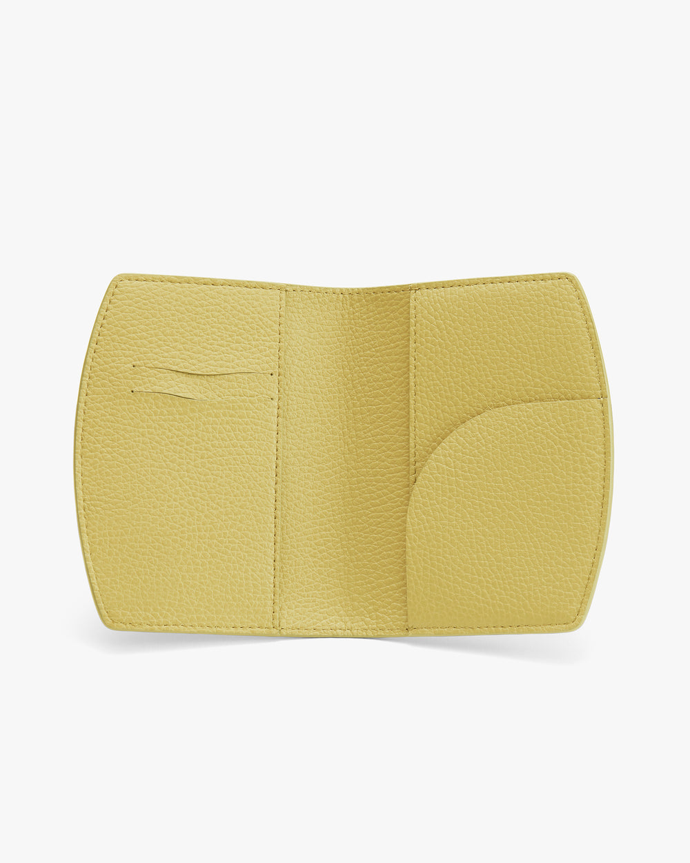Open passport holder with card slots and pocket on white background.