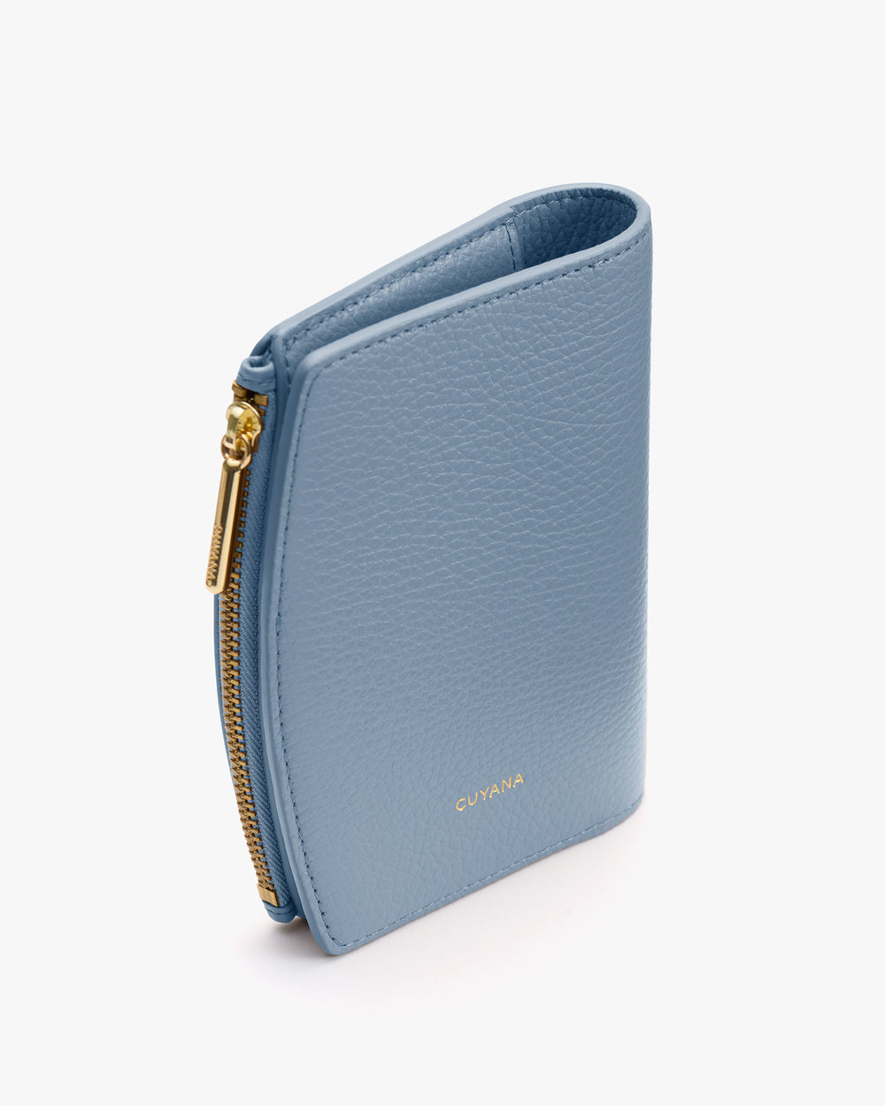 Small leather wallet with a zipper and embossed brand name.