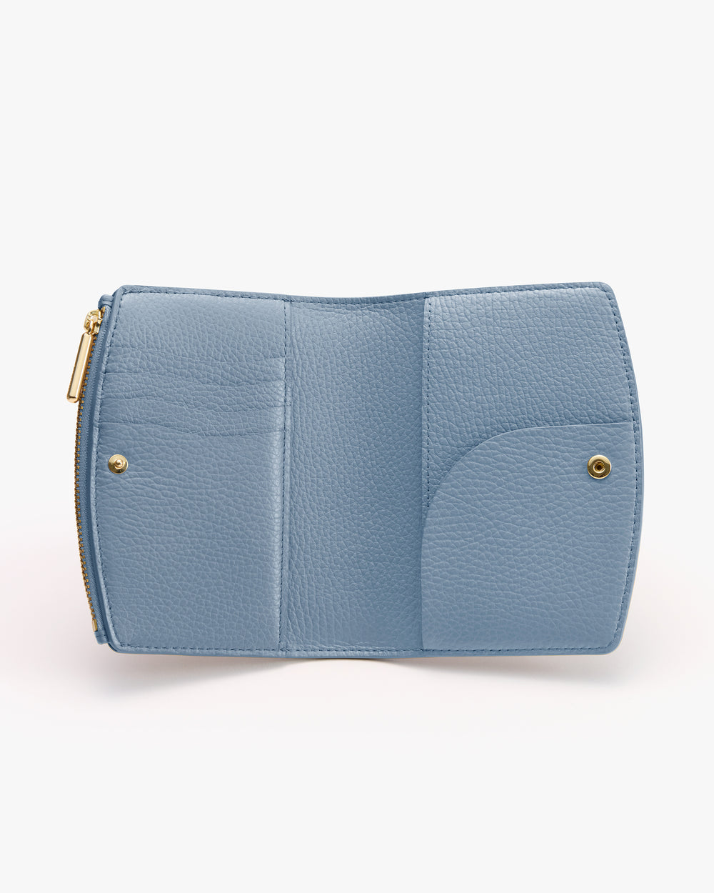 Open wallet with two snap buttons and a zipper compartment.
