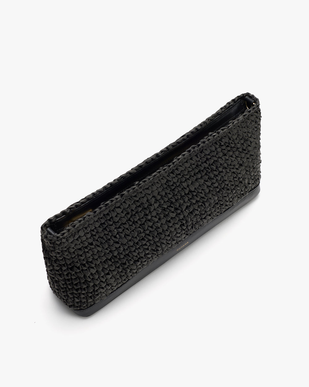 Rectangular woven clutch bag on white background