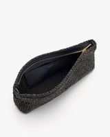 Woven clutch bag with open top and visible zipper inside.