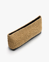 Rectangular woven clutch bag with a flat base.