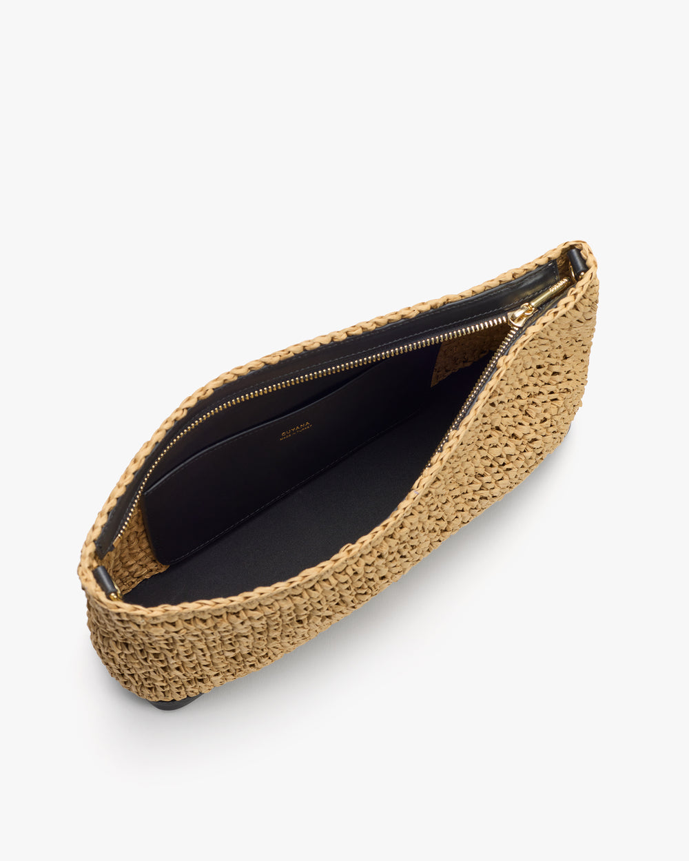 Open woven handbag with a zippered interior compartment.