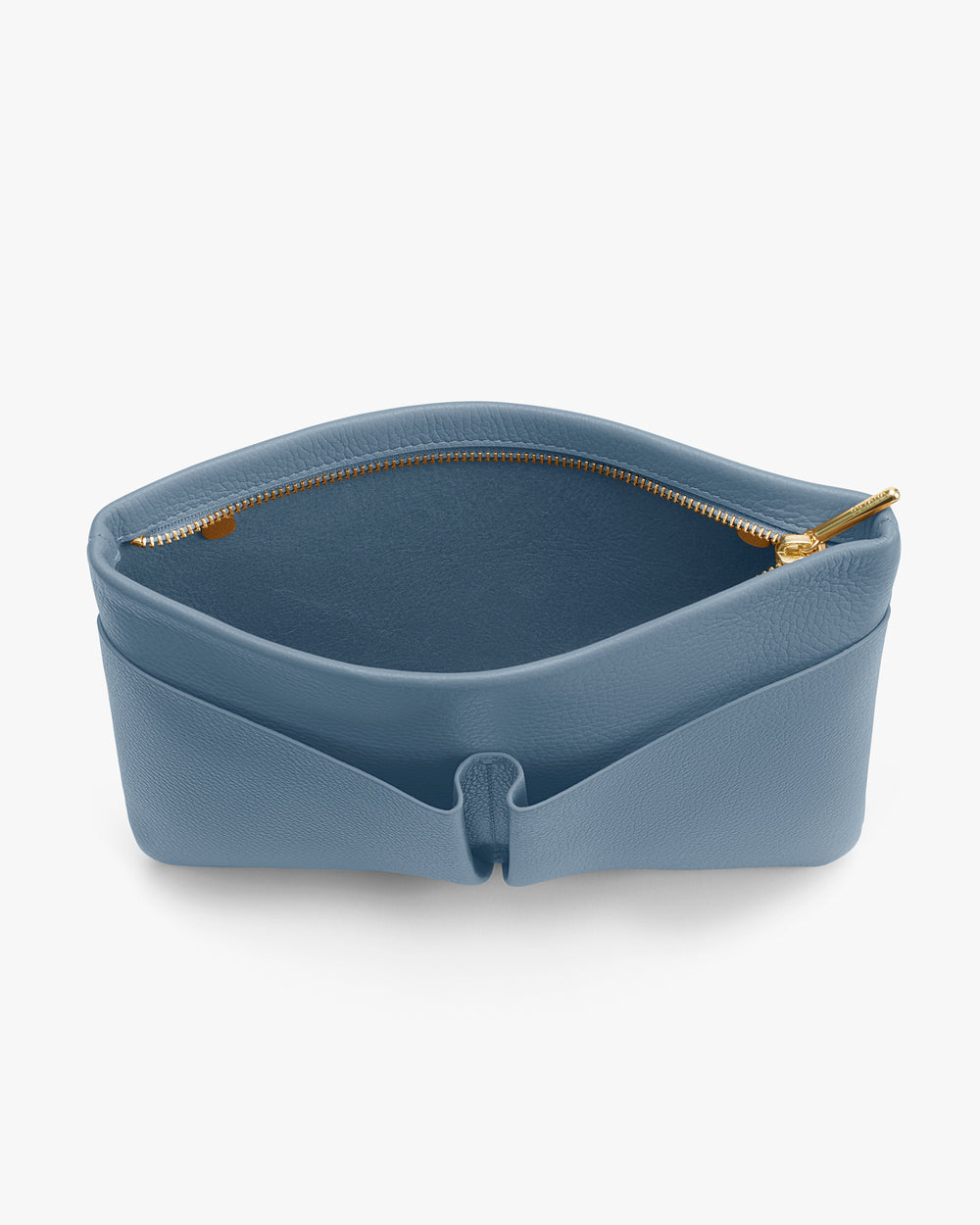 Open handbag with a zipper on the top edge, partially unzipped