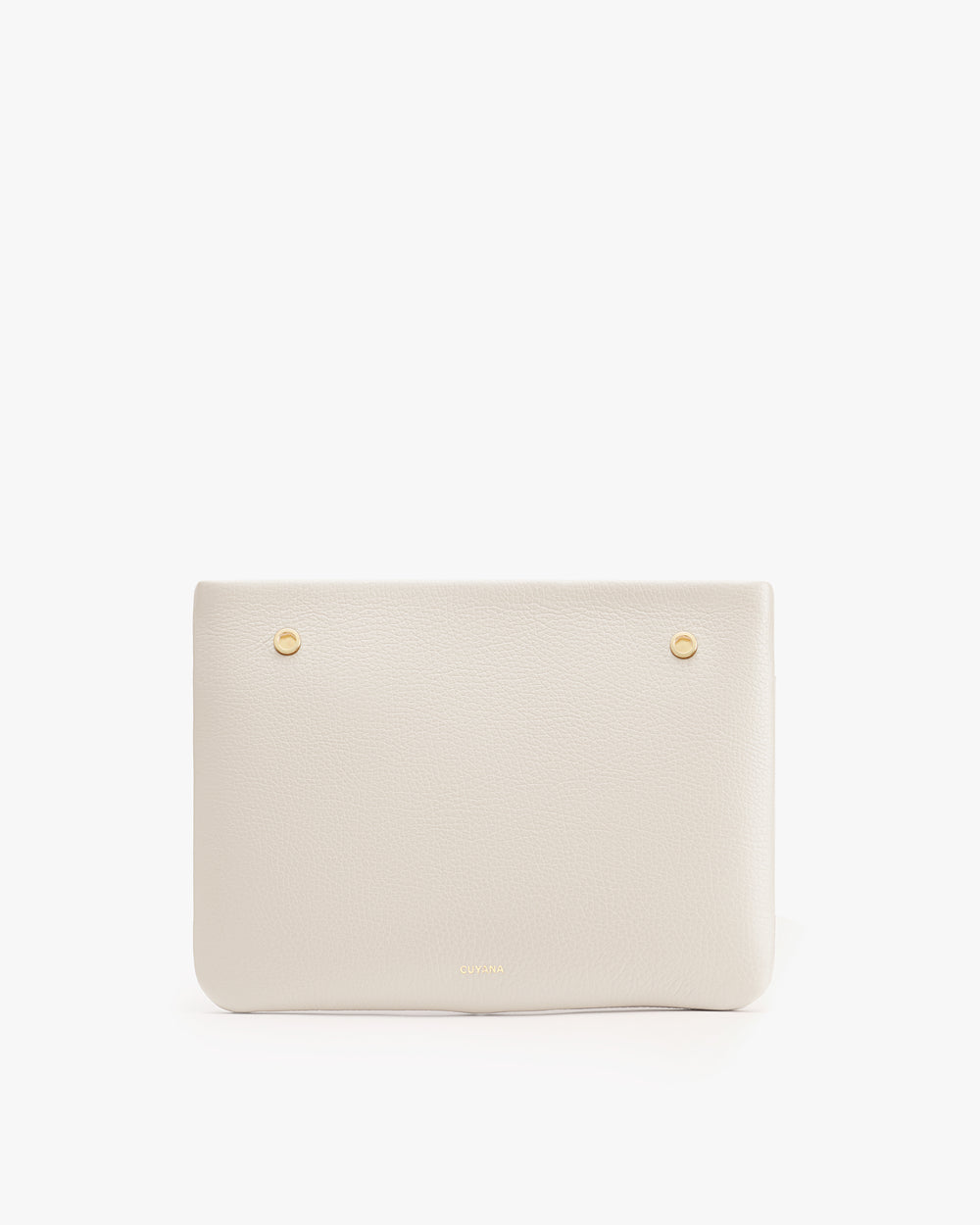 Rectangular leather bag with two gold button details.