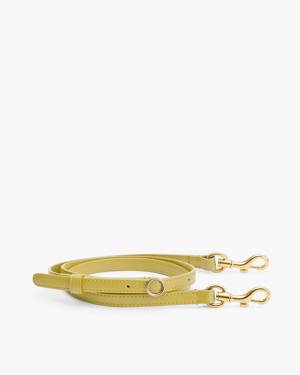 Adjustable bag strap with metal clasps and buckle.