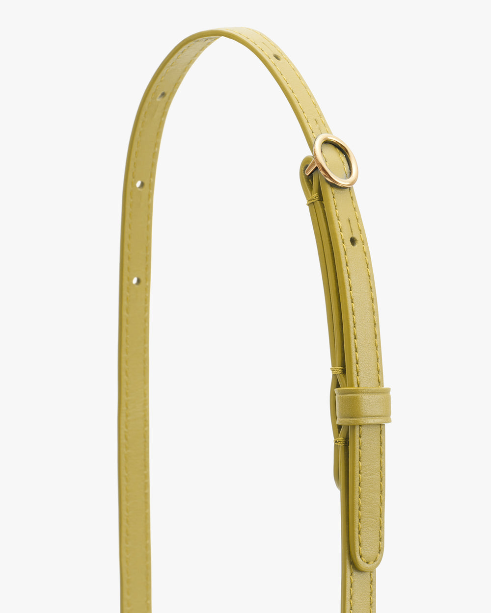Thin adjustable strap with metal buckle and multiple holes for length adjustment.