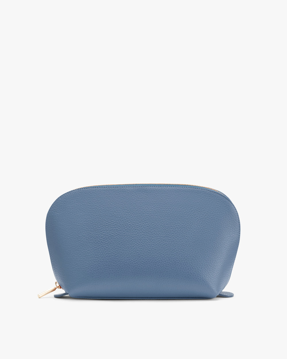 A rounded toiletry bag with a zipper on top.