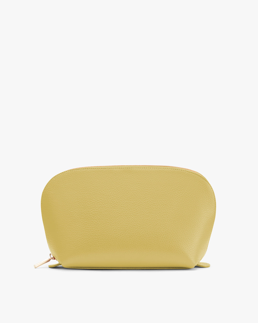 Rounded pouch with zipper on top.
