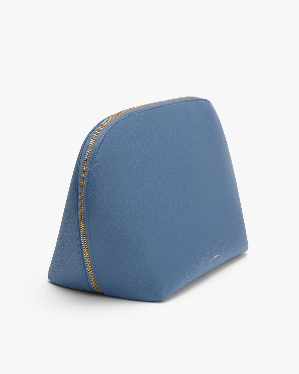 Triangular makeup bag with zipper on the curved edge.