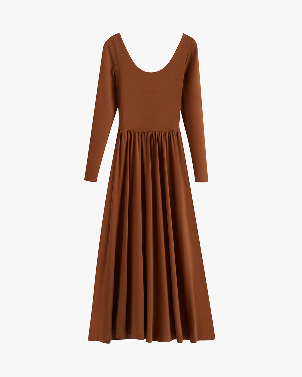 Long-sleeved dress with a deep neckline and pleated skirt.